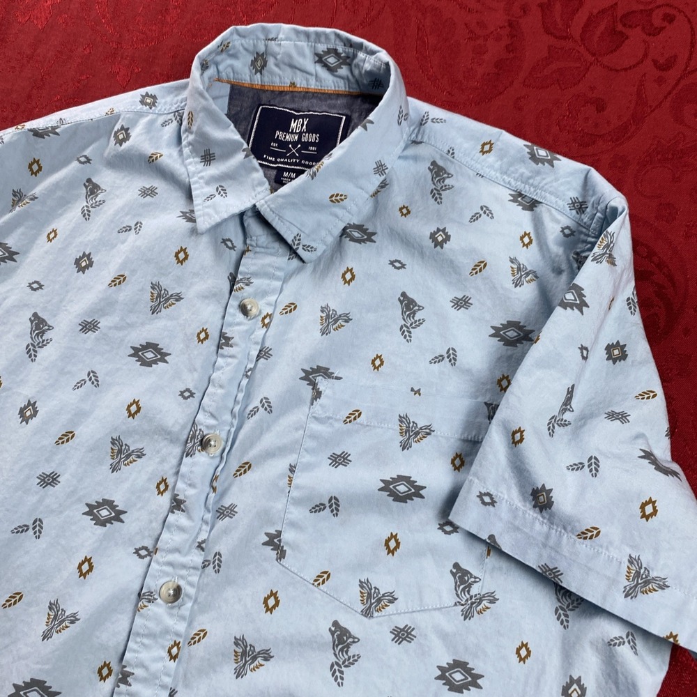 MBX Shirt Mens M Blue Short Sleeve Button Up Wolf Aztec Phoenix AOP Southwestern